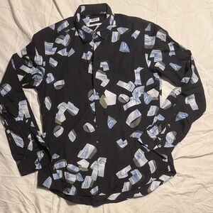 Kenzo Slim-Fit Button up Black and Blue Abstract Pattern Shirt Sz 41/16